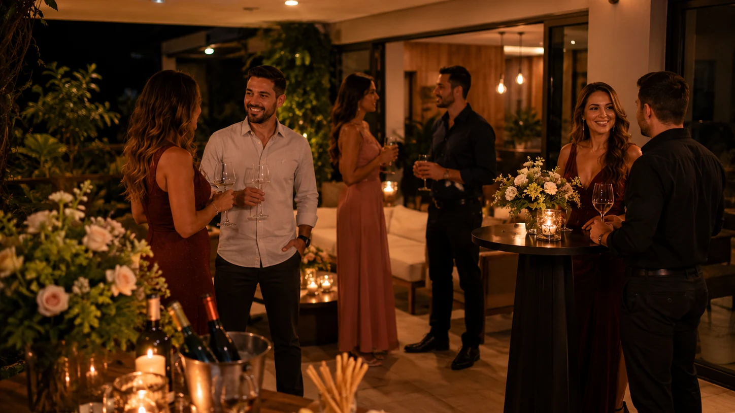 Área gourmet decorada para aniversário adulto com buffet.