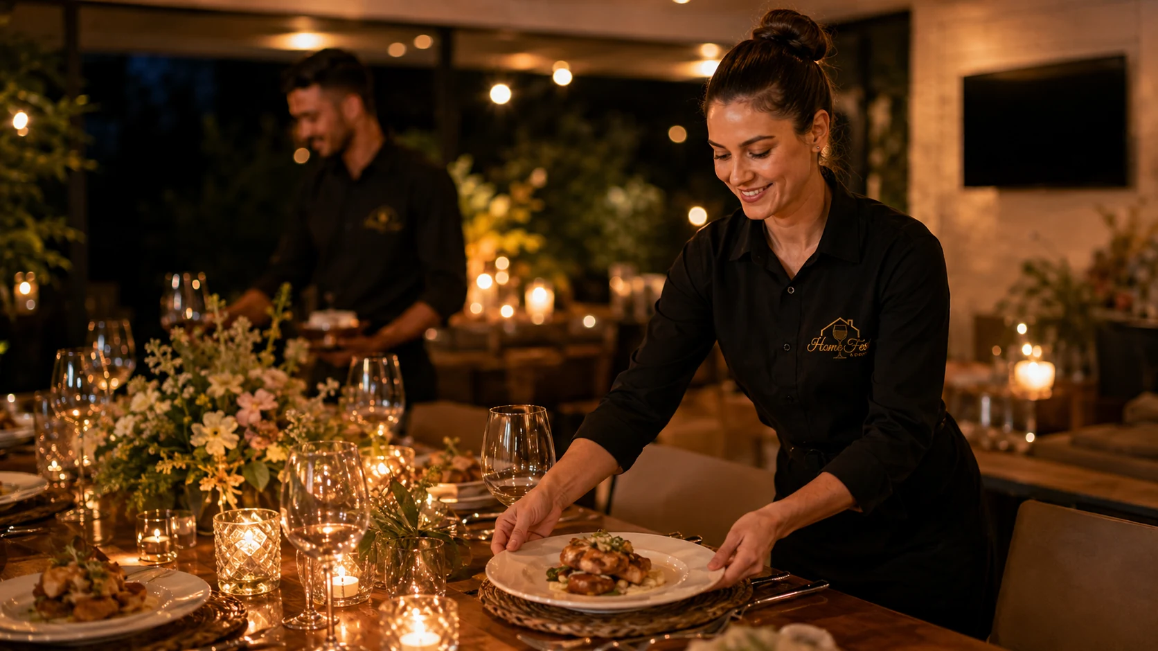Equipe Home Fest servindo convidados em buffet adulto para 50 pessoas