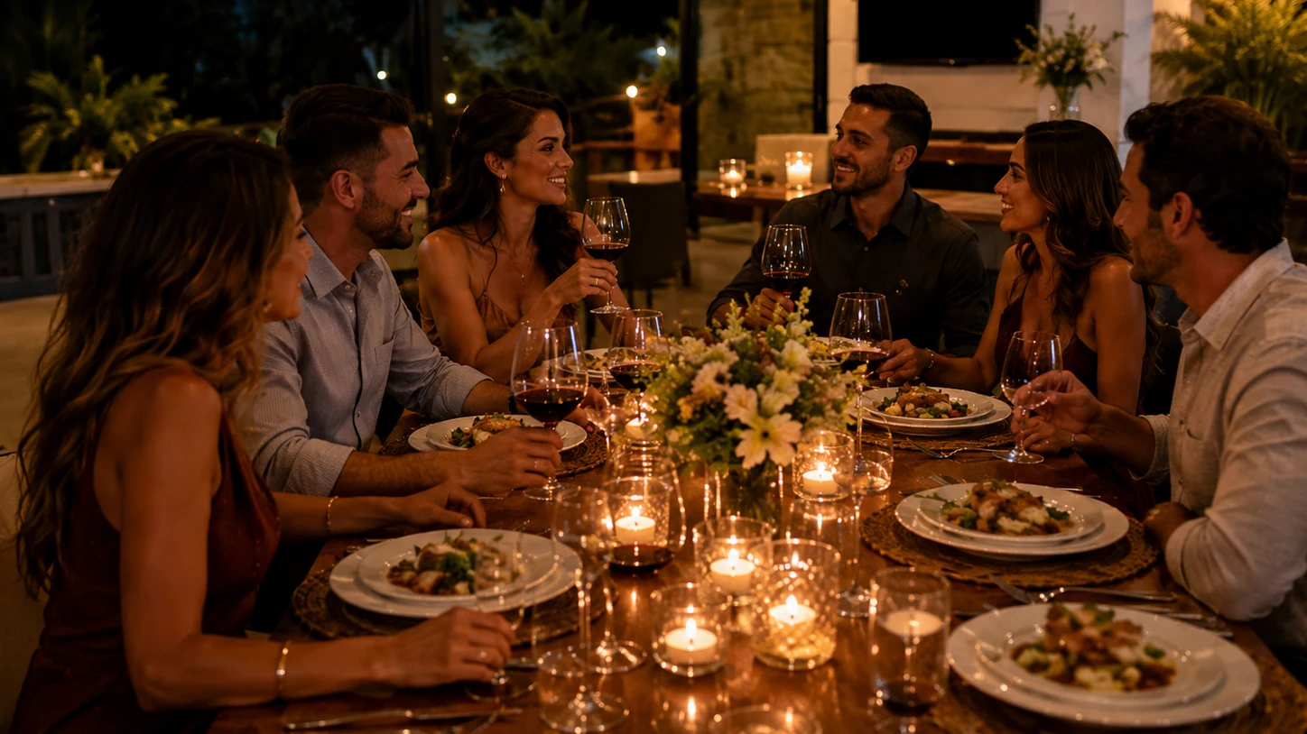 Festa em casa para aniversário adulto com mesa posta e convidados.