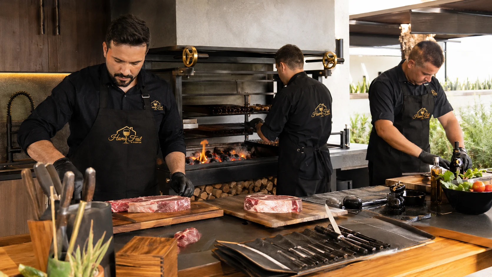 Equipe da Home Fest preparando churrasco em área gourmet