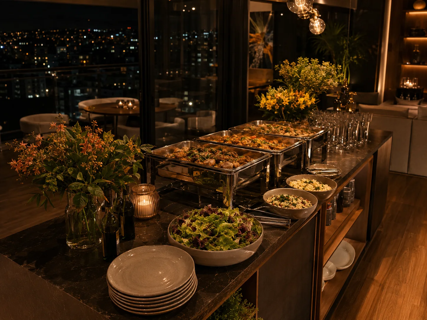 Buffet em apartamento em Belo Horizonte com mesa completa e vista noturna da cidade.