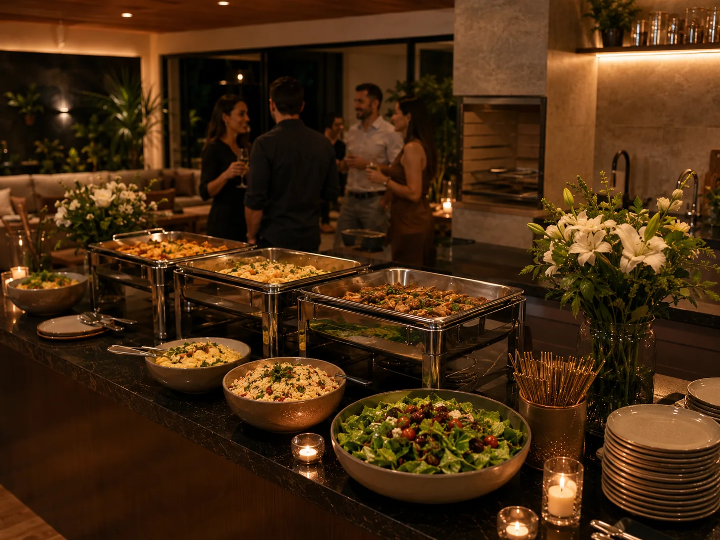 Buffet a domicílio montado em casa com área gourmet, réchauds, saladas e flores.