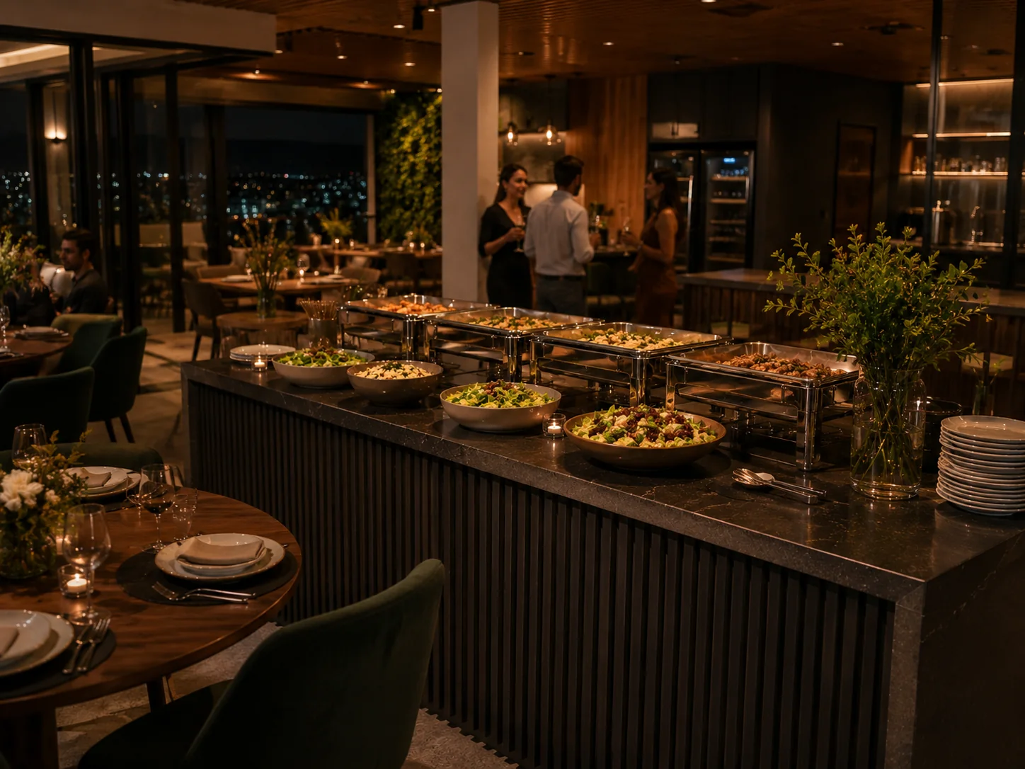Buffet em salão de condomínio com mesa montada, pratos, flores e iluminação aconchegante.