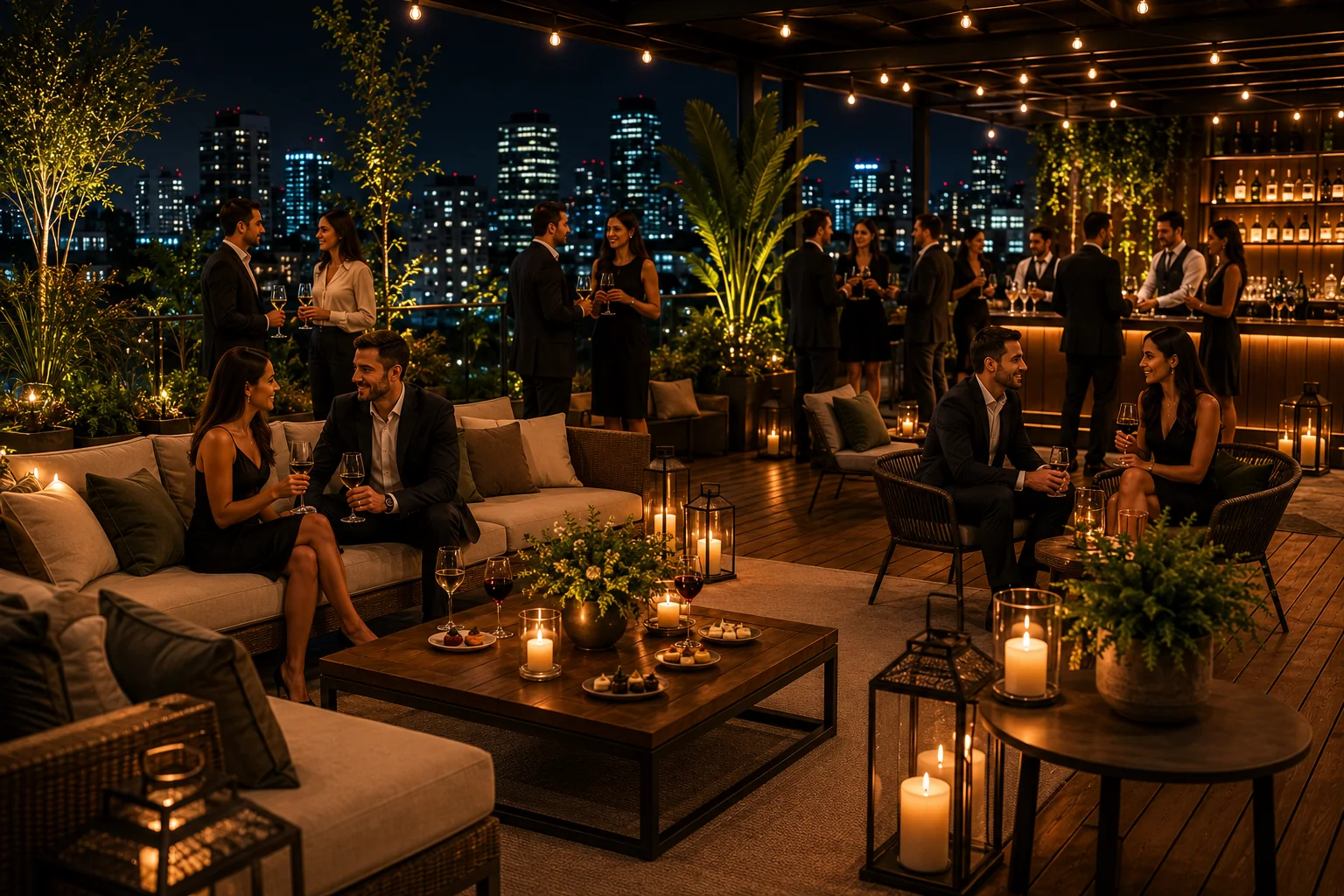 Evento premium em terraço em Belo Horizonte com lounge, bar e convidados à noite.