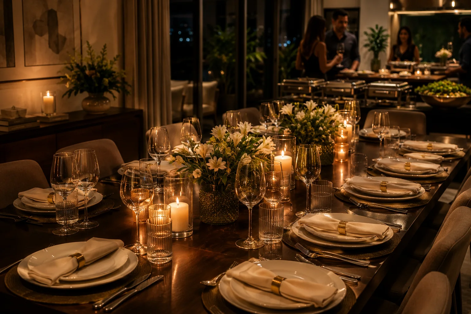 Mesa posta para jantar em domicílio com louças, taças, velas e arranjos florais.