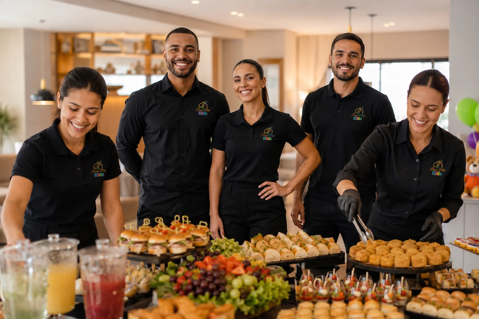 Equipe do buffet infantil em casa em BH servindo convidados e organizando a festa