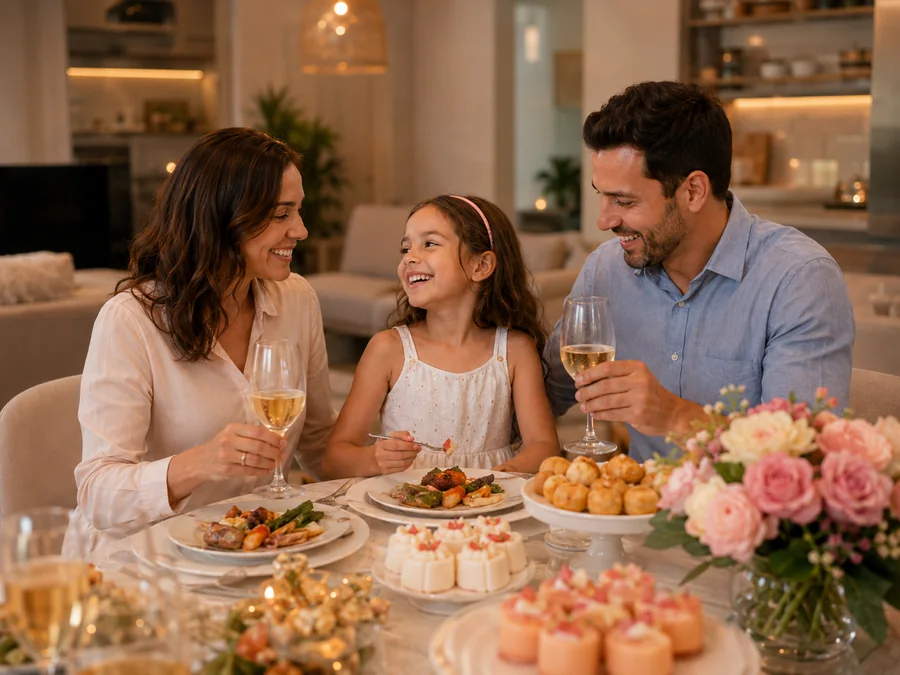 Família em mesa de buffet infantil em casa em Belo Horizonte