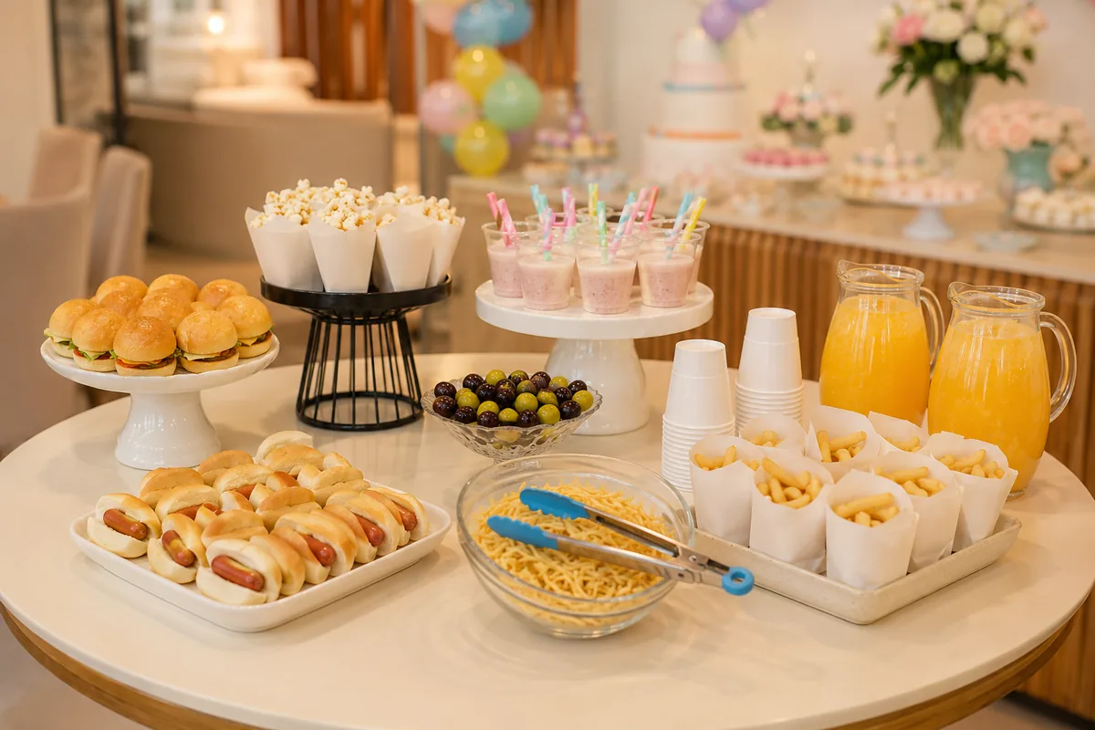 Buffet kids em casa em BH com mini cachorro-quente, mini hambúrguer, pipoca, batata frita, bebida cremosa e frutas