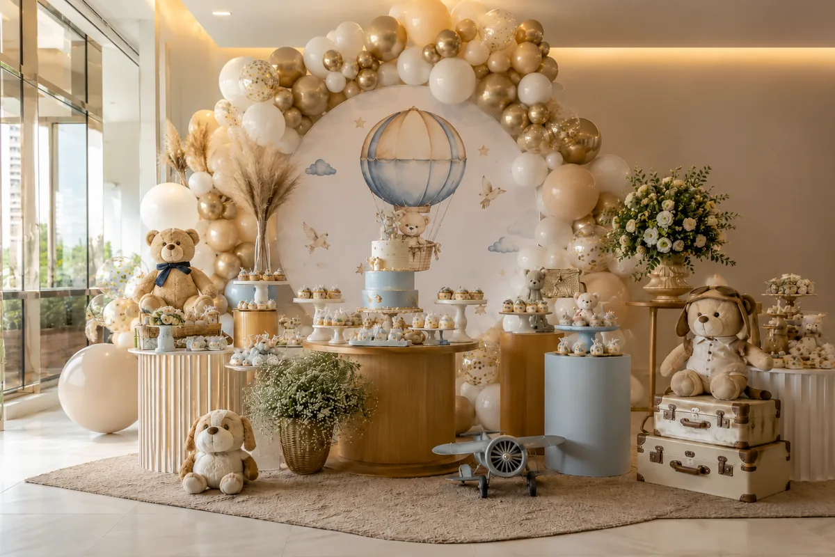 Decoração de festa infantil em BH com painel, balões, bolo e mesa montada Home Fest Kids