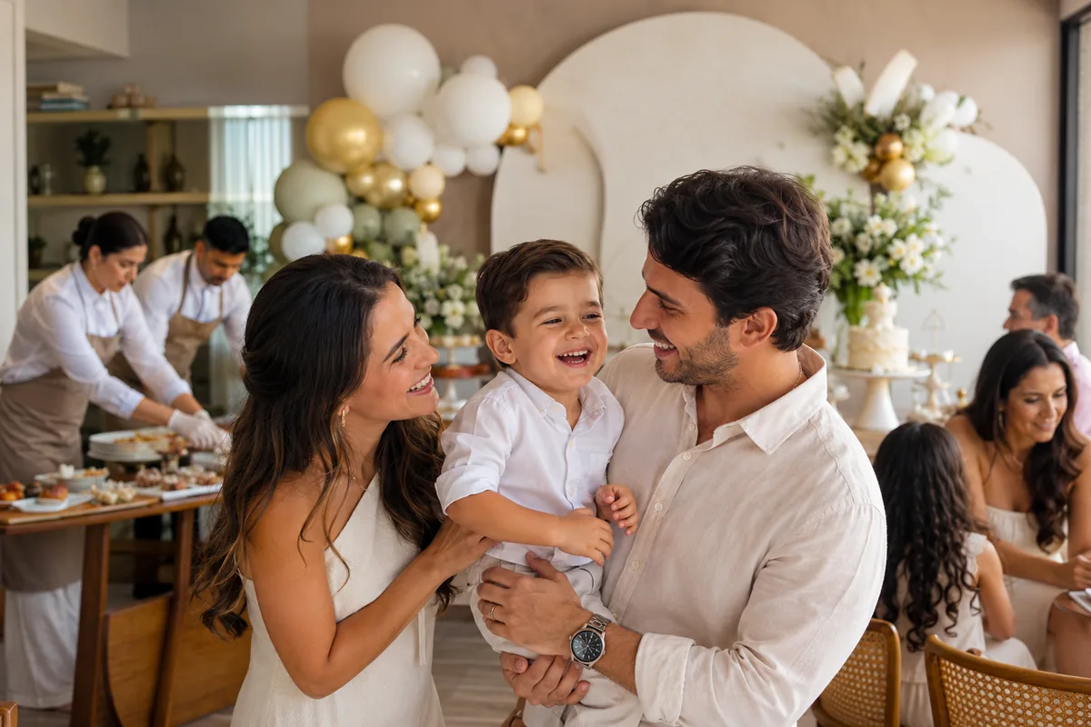 Família aproveitando festa infantil em casa em BH com buffet e equipe Home Fest