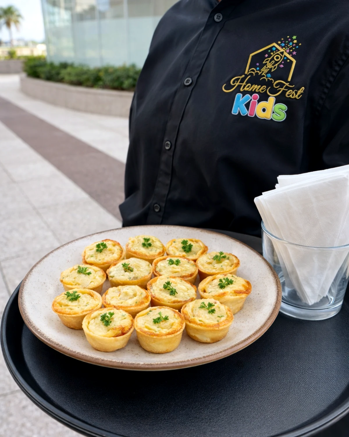 Quiches reais preparados para serviço de buffet infantil da Home Fest