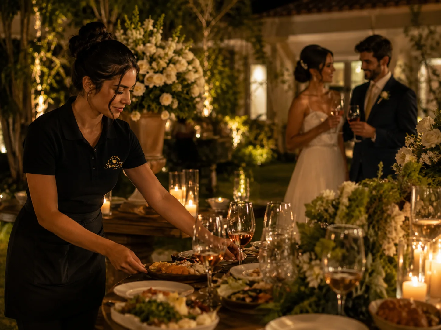 Casamento intimista em casa em BH com buffet, flores e mesa elegante.