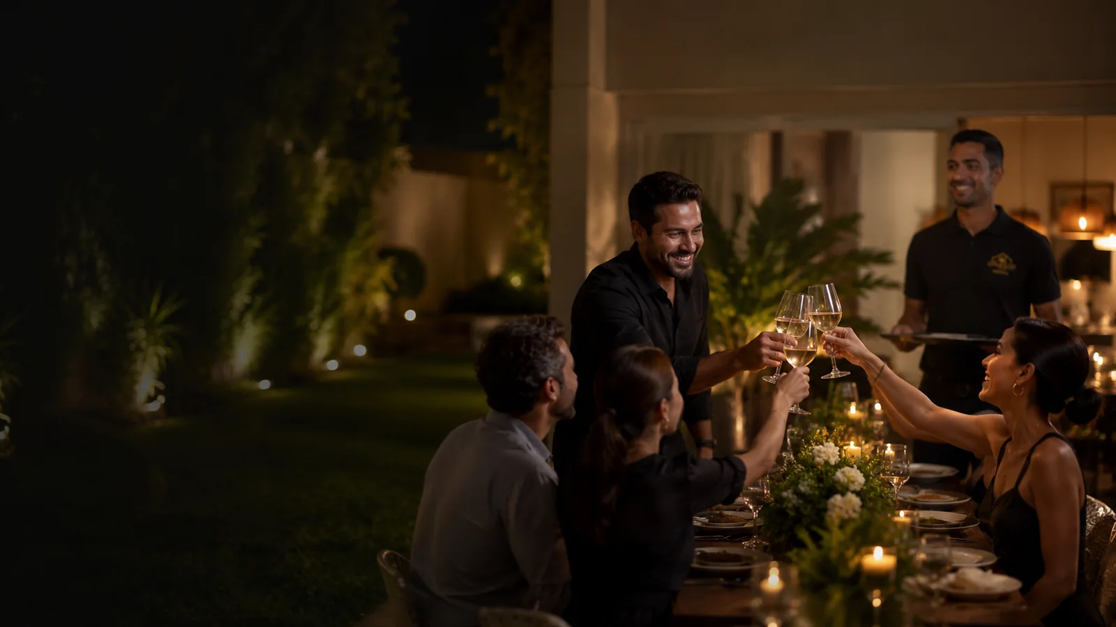 Anfitrião brindando com convidados em festa em casa em BH com buffet Home Fest.