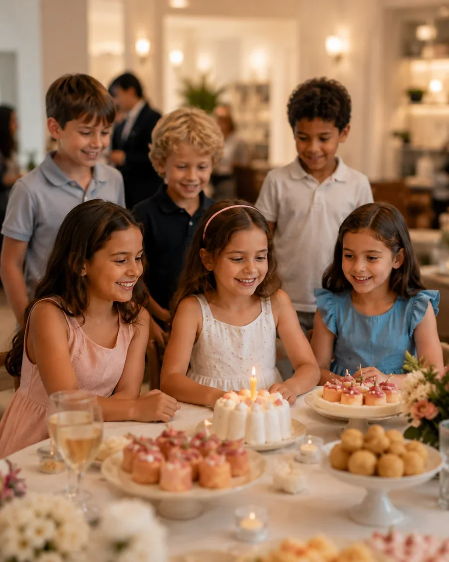 Festa infantil em casa em BH com buffet, mesa delicada e família reunida.