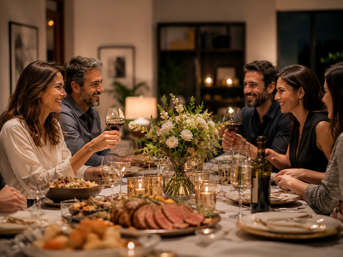 Jantar ou almoço em casa em BH com buffet, mesa posta e convidados reunidos.