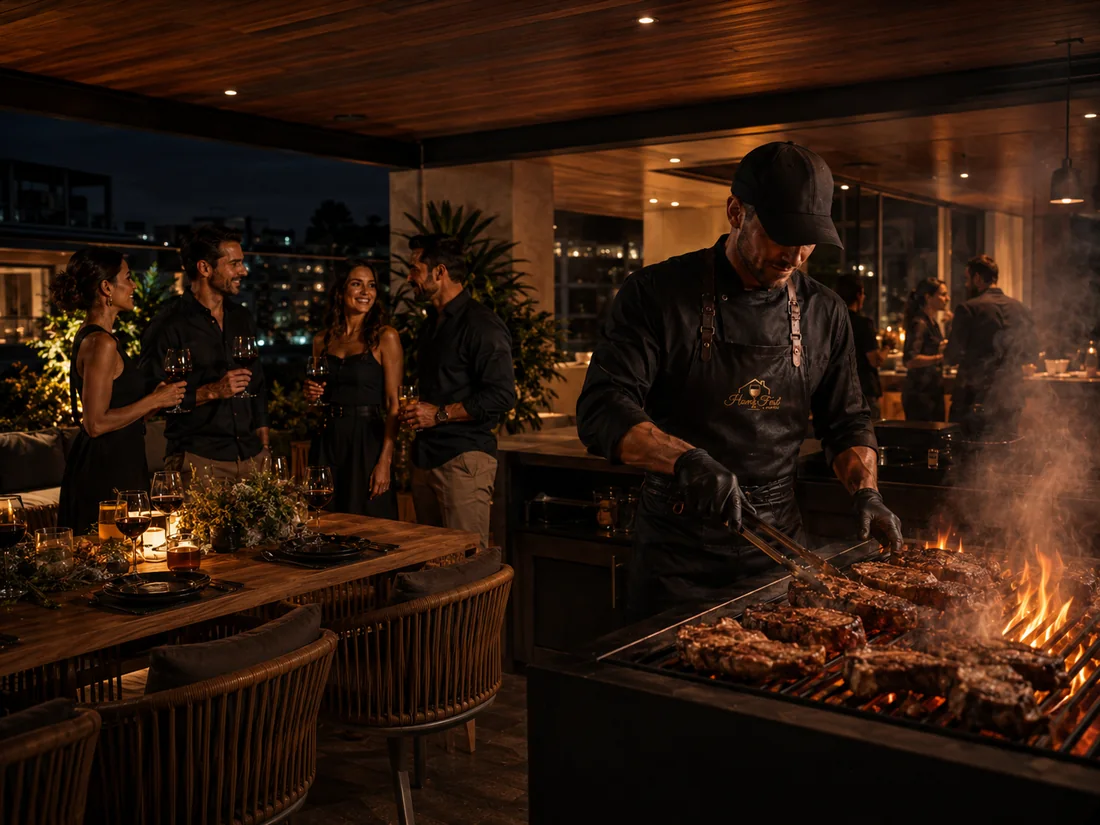 Área gourmet preparada para evento Fire BBQ em BH