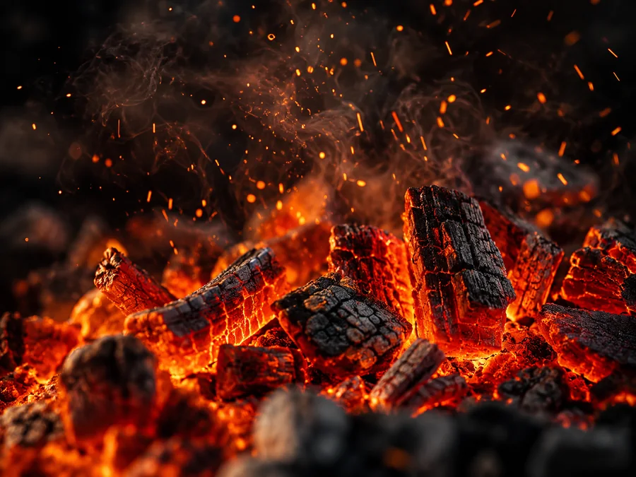 Close da brasa acesa em experiência Fire BBQ