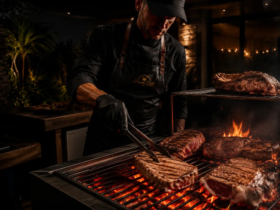 Parrilla com fogo e cortes premium em evento Fire BBQ