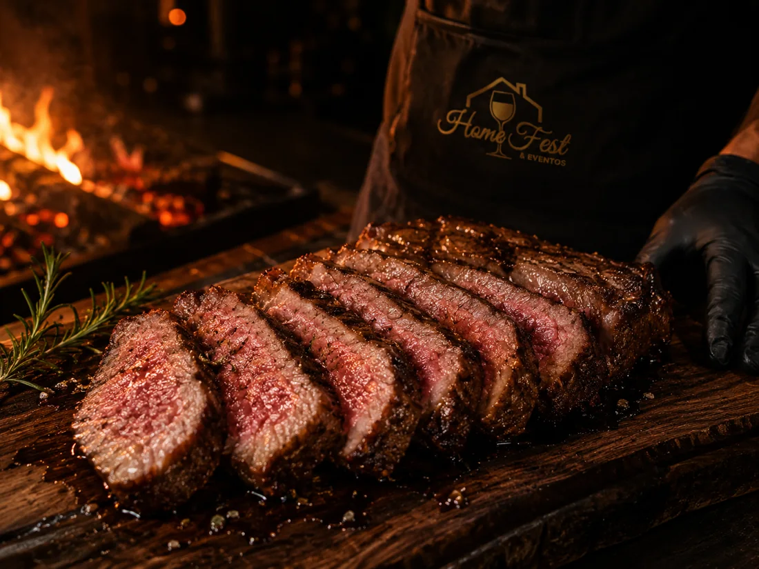 Corte premium fatiado no ritual Fire BBQ