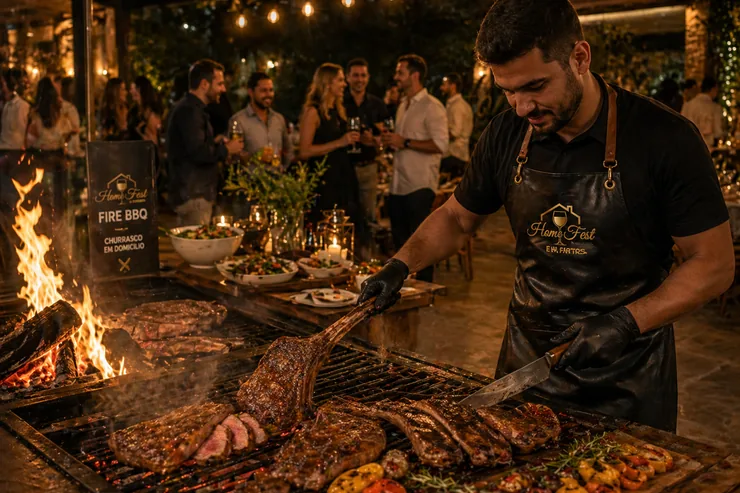 fire bbq em casa em BH com churrasco premium na brasa e equipe Home Fest