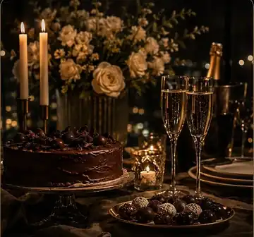 Mesa para aniversário adulto com bolo, flores, velas e taças em Belo Horizonte