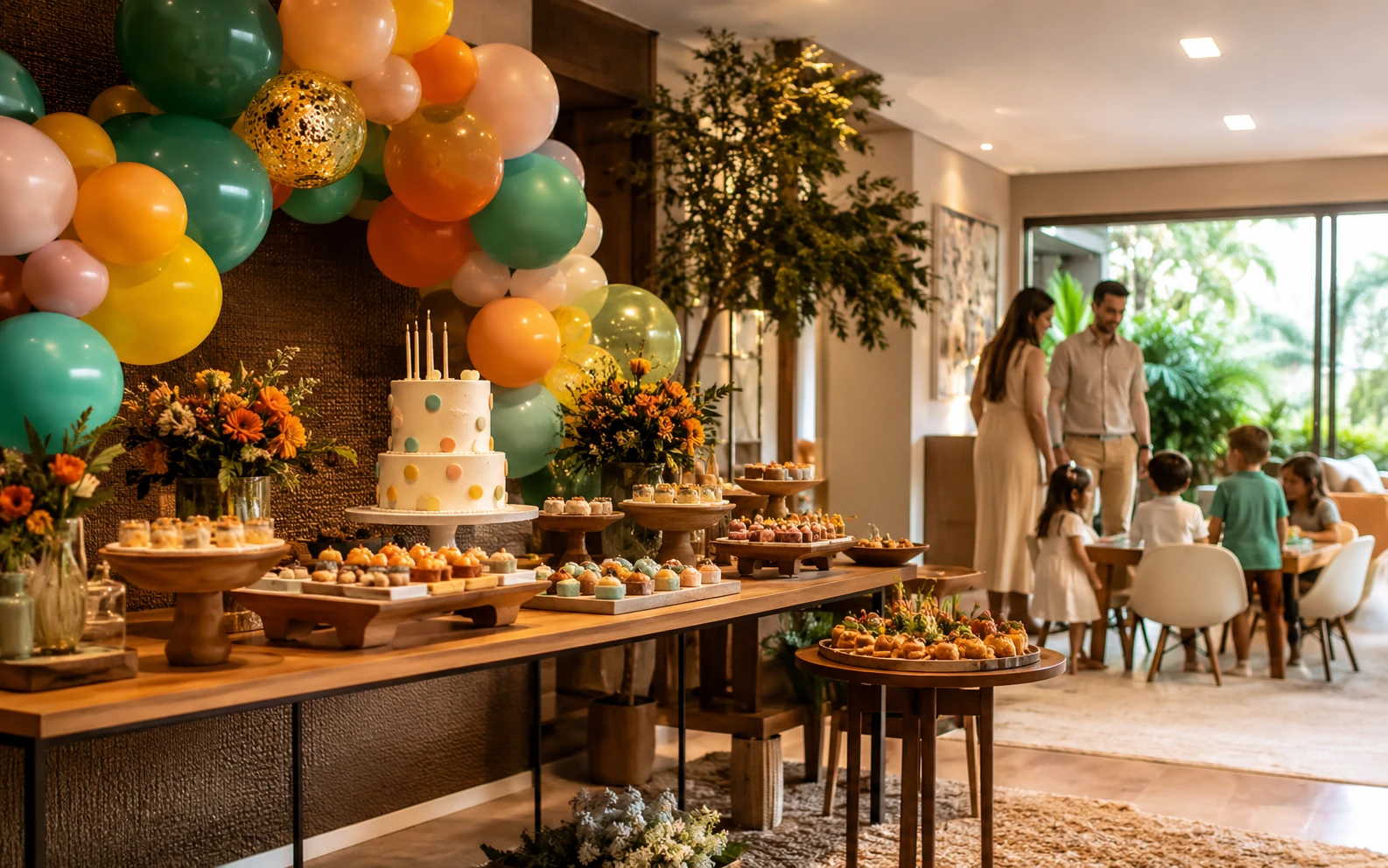 Buffet infantil Home Fest Kids em casa com família e mesa de festa