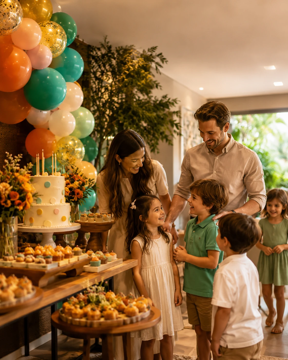 Família e convidados em festa infantil em casa com buffet Home Fest Kids